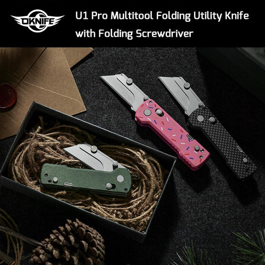 U1 Pro Multitool Folding Utility Knife with Folding Screwdriver | Quick Change Blade EDC Utility Knife with Secure Rail Lock & Pocket Clip for Men & Women (Green Micarta)