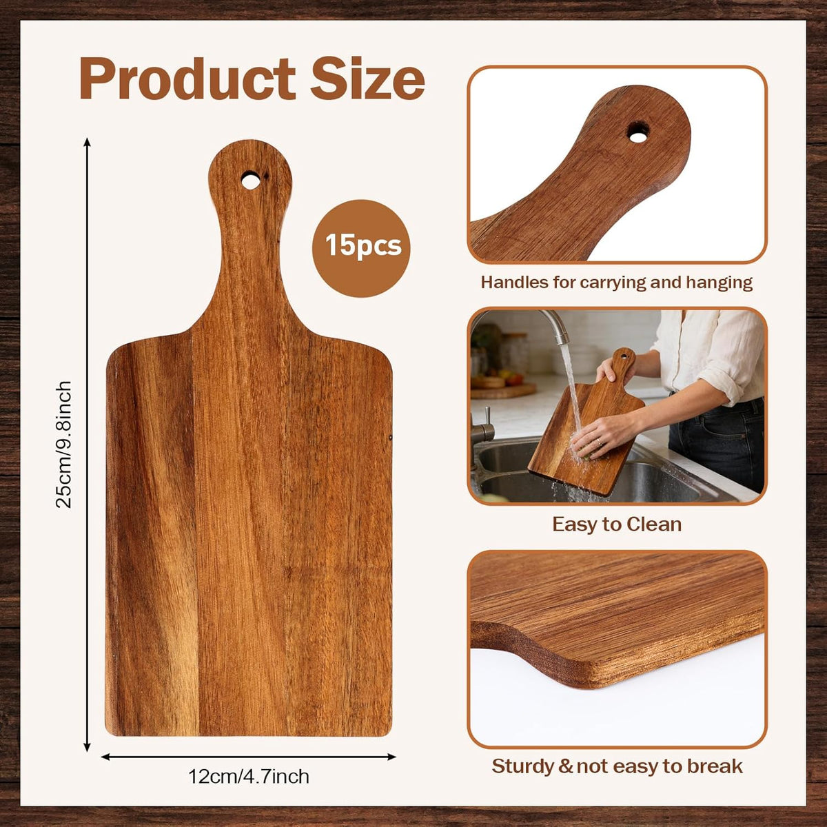 15 Pcs Wood Cutting Board with Handle 11 x 4.92 Inch Acacia Wooden Serving Kitchen Chopping Boards Wooden Serving Board with Hanging Hole for Vegetables Meat Pizza Cheese Fruit Bread