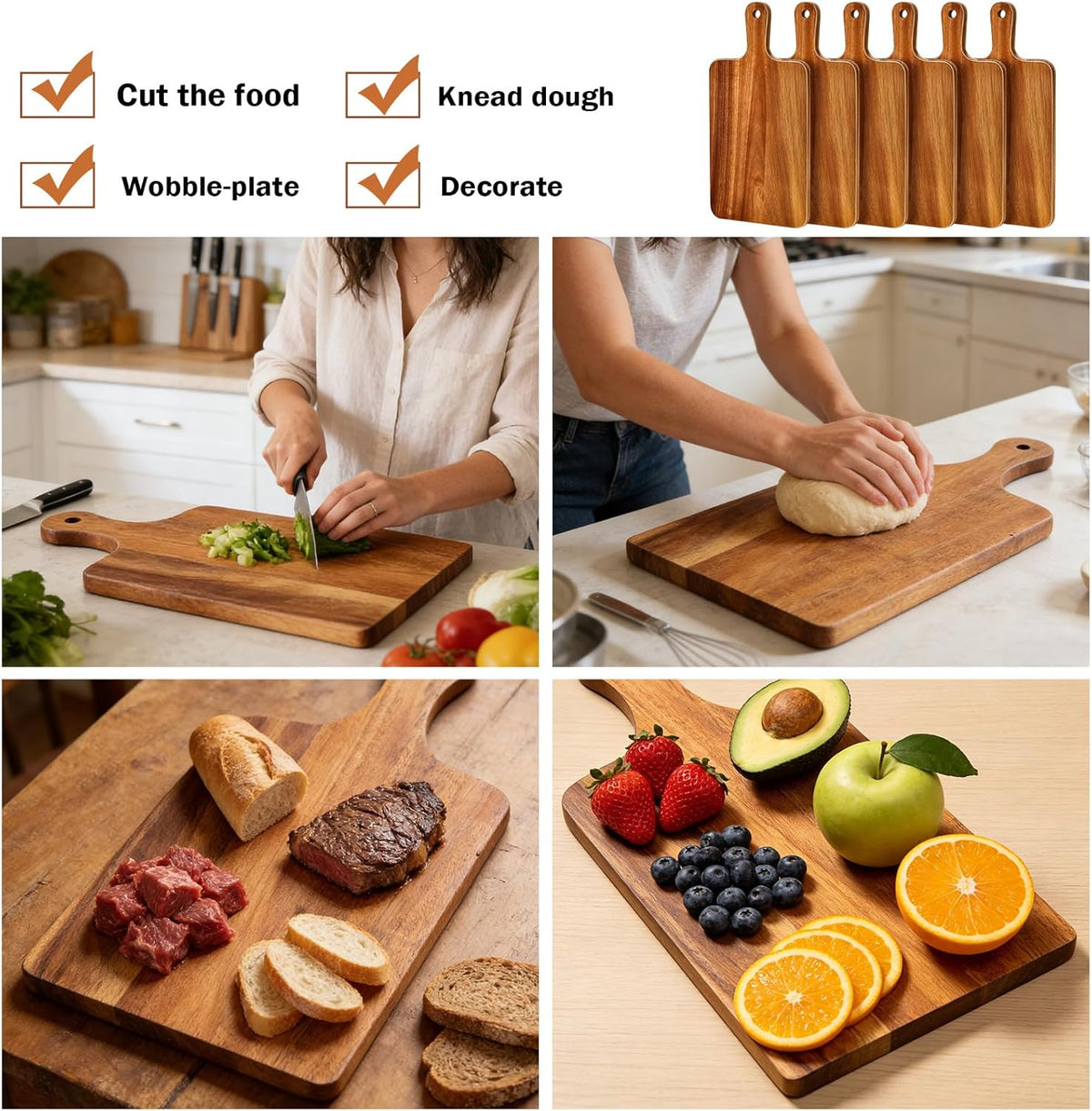 15 Pcs Wood Cutting Board with Handle 11 x 4.92 Inch Acacia Wooden Serving Kitchen Chopping Boards Wooden Serving Board with Hanging Hole for Vegetables Meat Pizza Cheese Fruit Bread