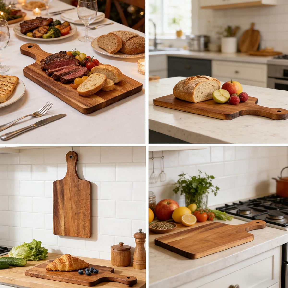 15 Pcs Wood Cutting Board with Handle 11 x 4.92 Inch Acacia Wooden Serving Kitchen Chopping Boards Wooden Serving Board with Hanging Hole for Vegetables Meat Pizza Cheese Fruit Bread