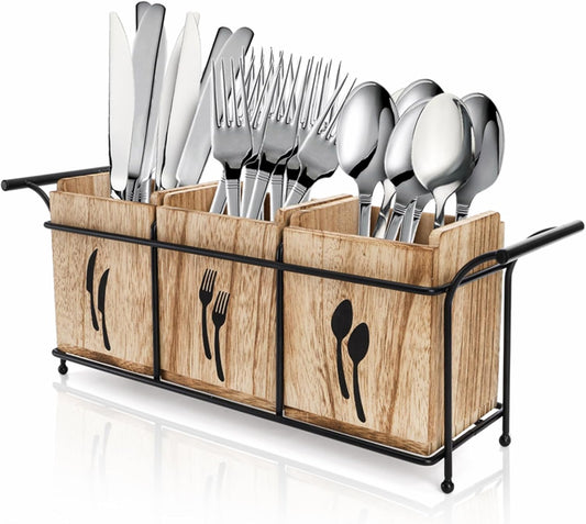 Wooden Utensil Holder for Party, Large Countertop Flatware Cutlery Caddy with Handle, 3 Detachable Compartment Silverware Cooking Organizer with Metal Tray for Fork, Spoon, Knives