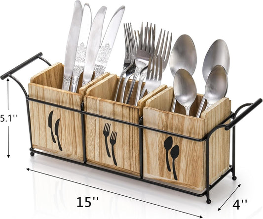 Wooden Utensil Holder for Party, Large Countertop Flatware Cutlery Caddy with Handle, 3 Detachable Compartment Silverware Cooking Organizer with Metal Tray for Fork, Spoon, Knives