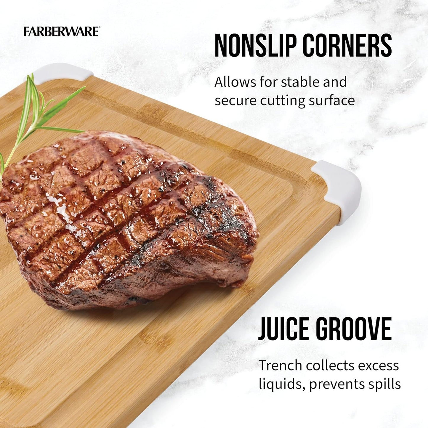 Nonslip Bamboo Cutting Board with Juice Groove, 11x14 Inch, White