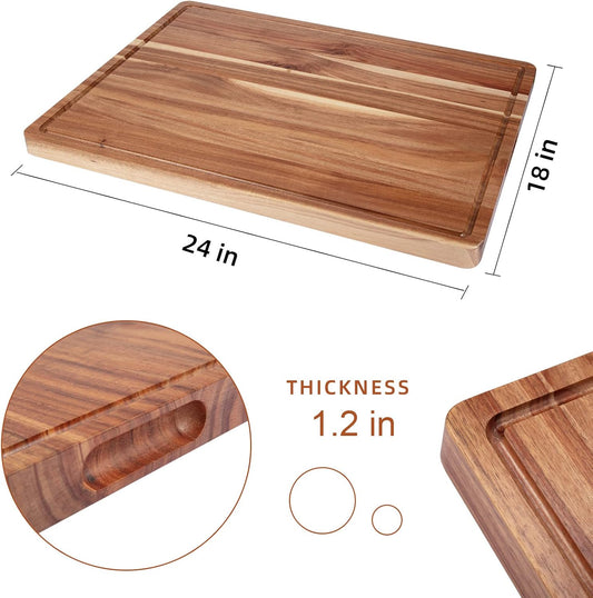 Extra Large Acacia Wood Cutting Boards for Kitchen, 24 x 18 Inch | 1.2" Thick Wooden Butcher Block Cutting Board, Juice Groove, Reversible, for Meat Veggies