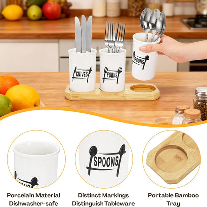 4 Pc Flatware Silverware Holder with Wood Tray, Ceramic Utensils Holder Silverware Caddy for Kitchen Counter, Cutlery Organizer for Table Countertop Knife Fork and Spoon Holders for Party