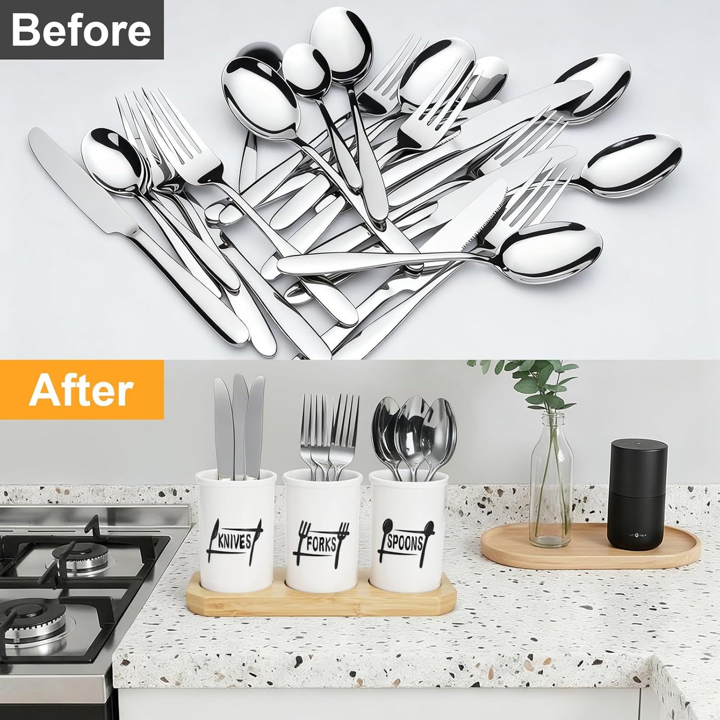 4 Pc Flatware Silverware Holder with Wood Tray, Ceramic Utensils Holder Silverware Caddy for Kitchen Counter, Cutlery Organizer for Table Countertop Knife Fork and Spoon Holders for Party