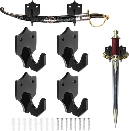 4 Pcs Sword Holder Wall Mount Sword Racks Acrylic Wall Sword Display Hanger with Mounting Tools for Knife Martial Arts Sword Placement Display, Black(Shield)
