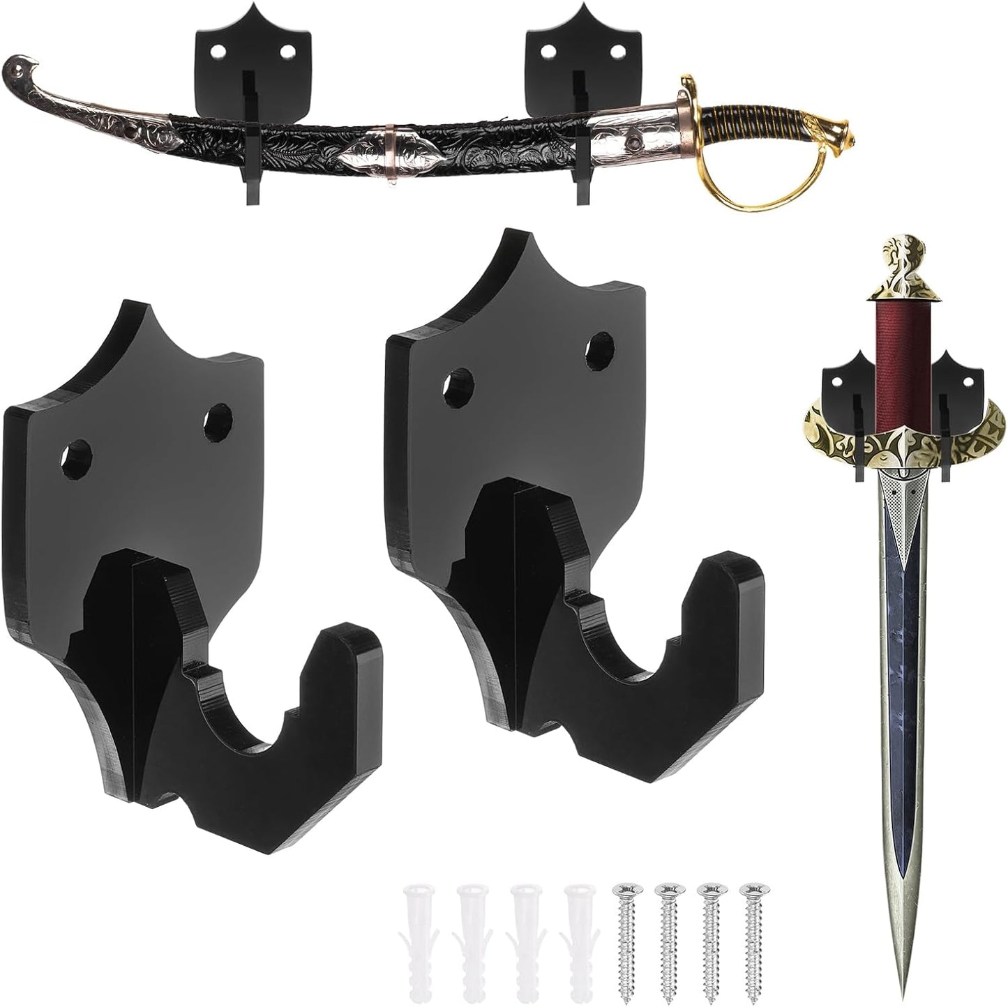 4 Pcs Sword Holder Wall Mount Sword Racks Acrylic Wall Sword Display Hanger with Mounting Tools for Knife Martial Arts Sword Placement Display, Black(Shield)