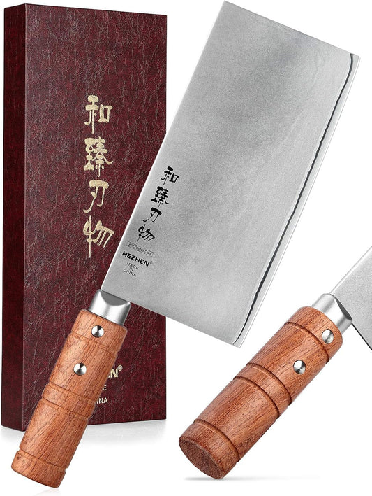 7" Cleaver Knife, Composite Steel Chinese Kitchen Chef Knife, Clad Steel Butcher Knife, Padauk Wood Handle