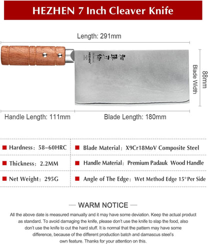7" Cleaver Knife, Composite Steel Chinese Kitchen Chef Knife, Clad Steel Butcher Knife, Padauk Wood Handle