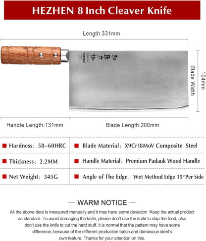 7" Cleaver Knife, Composite Steel Chinese Kitchen Chef Knife, Clad Steel Butcher Knife, Padauk Wood Handle