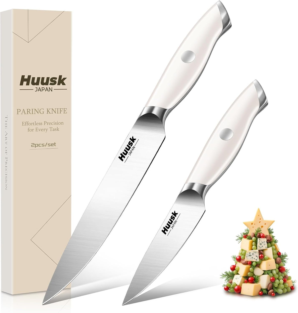 Huusk Paring Knife Set - Razor Sharp 5" Utility & 3.5" Fruit Peeling Knives | Nitrogen-treated Stainless Steel, Ergonomic, Ivory White, Vegetable Fruit Cutting Hulling Coring Segmenting, Gift
