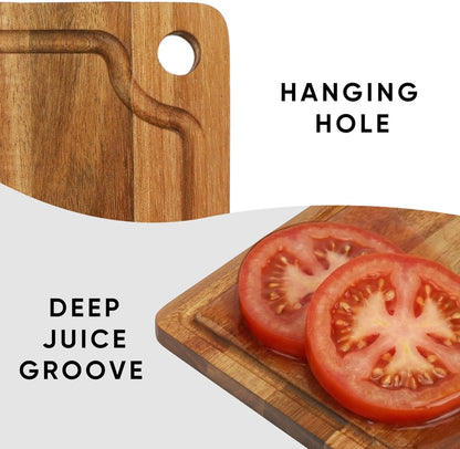 Acacia Wood Small Cutting Board for Kitchen, 10x7 Inch Mini Chopping Bar Board with Juice Groove & Hanging Hole, Thickened Portable Cheese Board for Camping,BBQ, Dorm, RV and Small Spaces