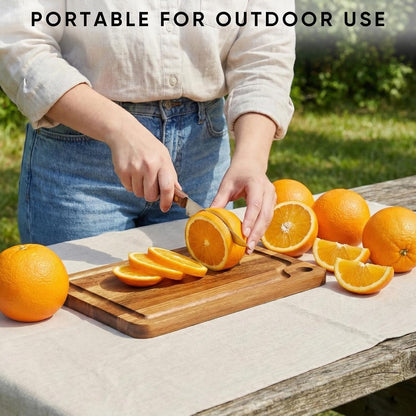 Acacia Wood Small Cutting Board for Kitchen, 10x7 Inch Mini Chopping Bar Board with Juice Groove & Hanging Hole, Thickened Portable Cheese Board for Camping,BBQ, Dorm, RV and Small Spaces