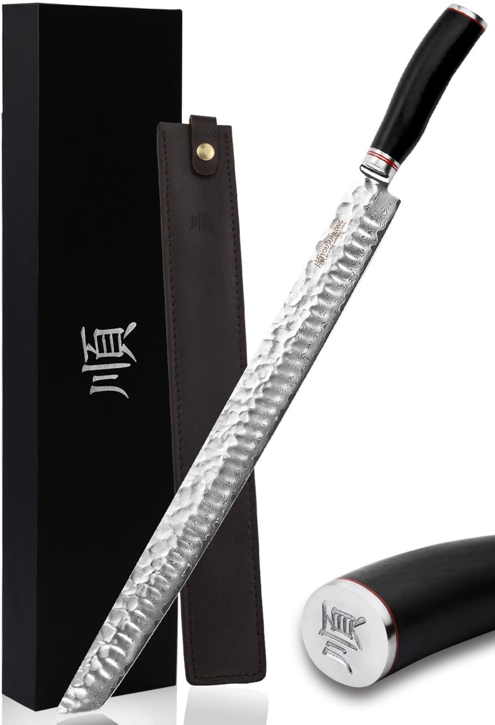 Sakimaru Knife 15 inch(380mm) Ultimate Japanese Damascus Steel Fillet Knives Suitable for cutting tuna and salmon-Natural Ebony Handle With Leather Sheath