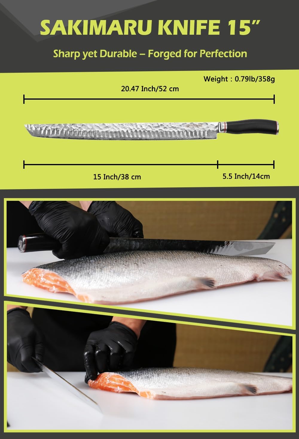 Sakimaru Knife 15 inch(380mm) Ultimate Japanese Damascus Steel Fillet Knives Suitable for cutting tuna and salmon-Natural Ebony Handle With Leather Sheath