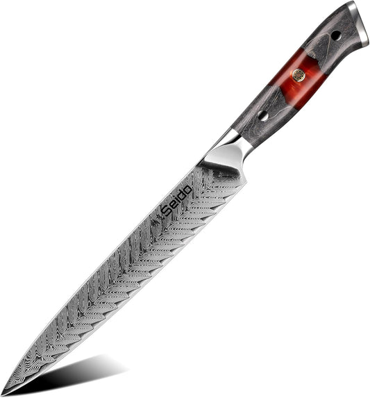 Seido Inferuno 8 Inch AUS-10 Damascus Sujihiki Slicing Knife | Razor-sharp Japanese slicing knife for sushi, brisket, roasts, and clean protein slices