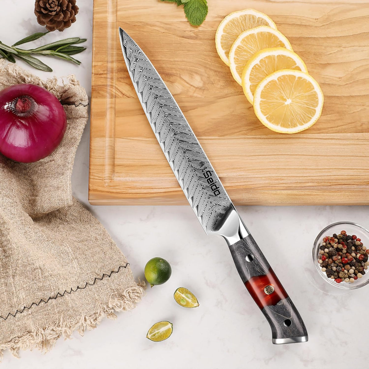 Seido Inferuno 8 Inch AUS-10 Damascus Sujihiki Slicing Knife | Razor-sharp Japanese slicing knife for sushi, brisket, roasts, and clean protein slices