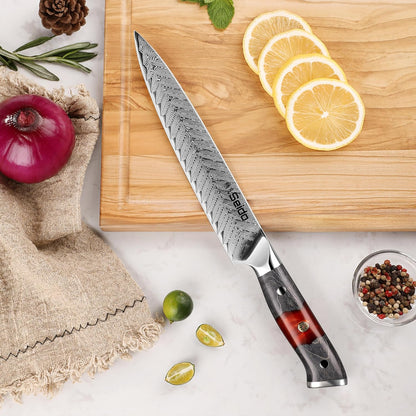 Seido Inferuno 8 Inch AUS-10 Damascus Sujihiki Slicing Knife | Razor-sharp Japanese slicing knife for sushi, brisket, roasts, and clean protein slices