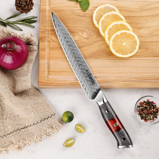 Seido Inferuno 8 Inch AUS-10 Damascus Sujihiki Slicing Knife | Razor-sharp Japanese slicing knife for sushi, brisket, roasts, and clean protein slices
