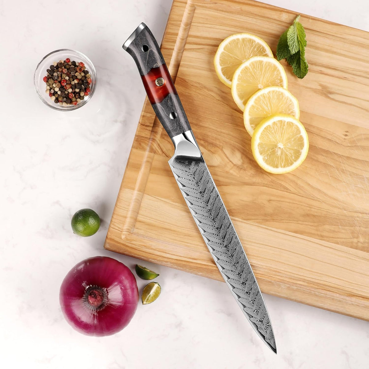 Seido Inferuno 8 Inch AUS-10 Damascus Sujihiki Slicing Knife | Razor-sharp Japanese slicing knife for sushi, brisket, roasts, and clean protein slices