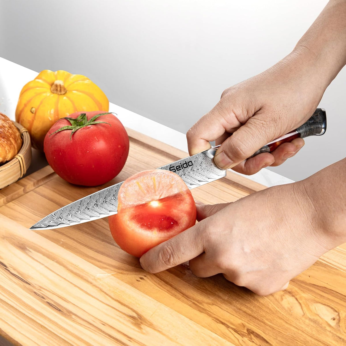 Seido Inferuno 8 Inch AUS-10 Damascus Sujihiki Slicing Knife | Razor-sharp Japanese slicing knife for sushi, brisket, roasts, and clean protein slices