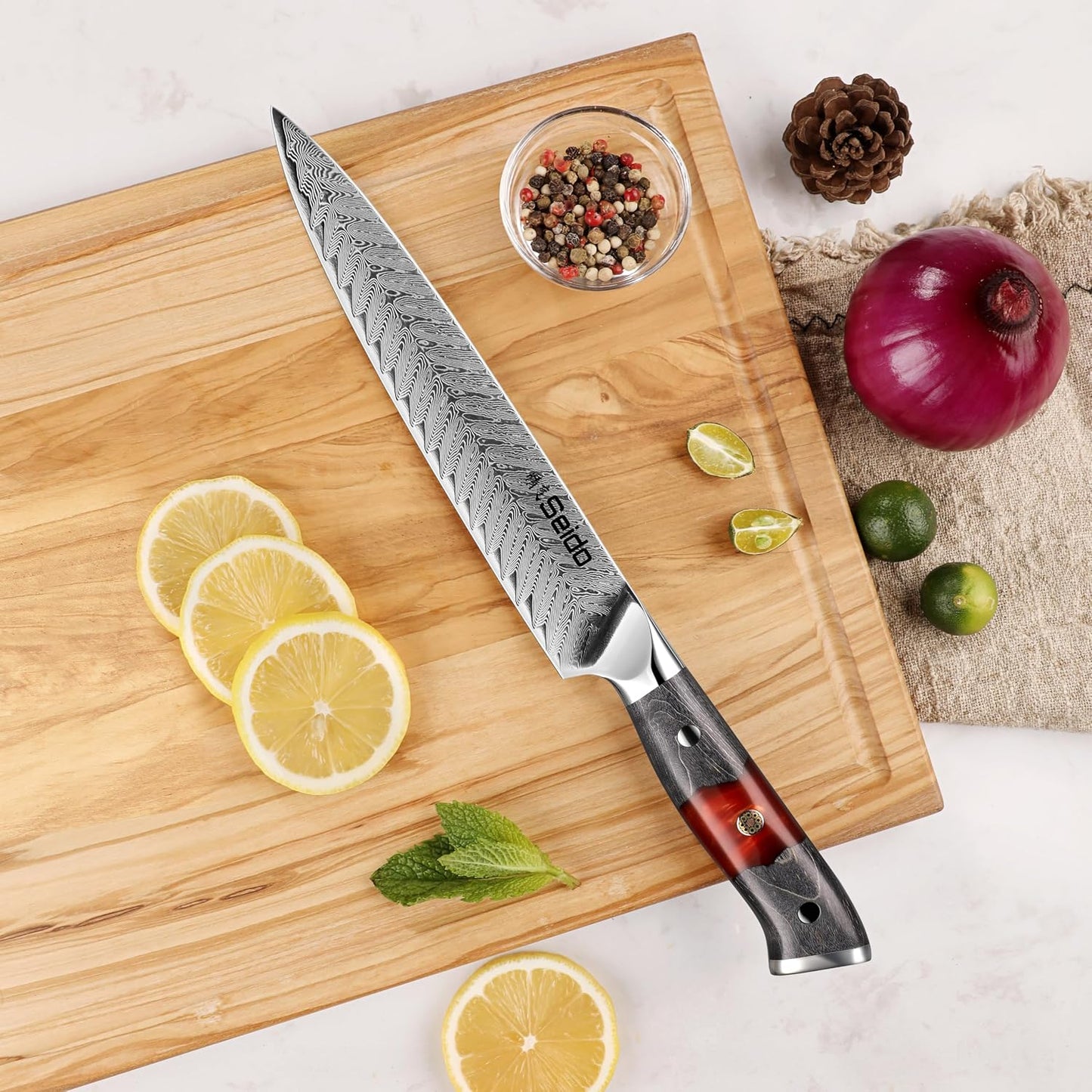 Seido Inferuno 8 Inch AUS-10 Damascus Sujihiki Slicing Knife | Razor-sharp Japanese slicing knife for sushi, brisket, roasts, and clean protein slices
