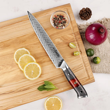 Seido Inferuno 8 Inch AUS-10 Damascus Sujihiki Slicing Knife | Razor-sharp Japanese slicing knife for sushi, brisket, roasts, and clean protein slices