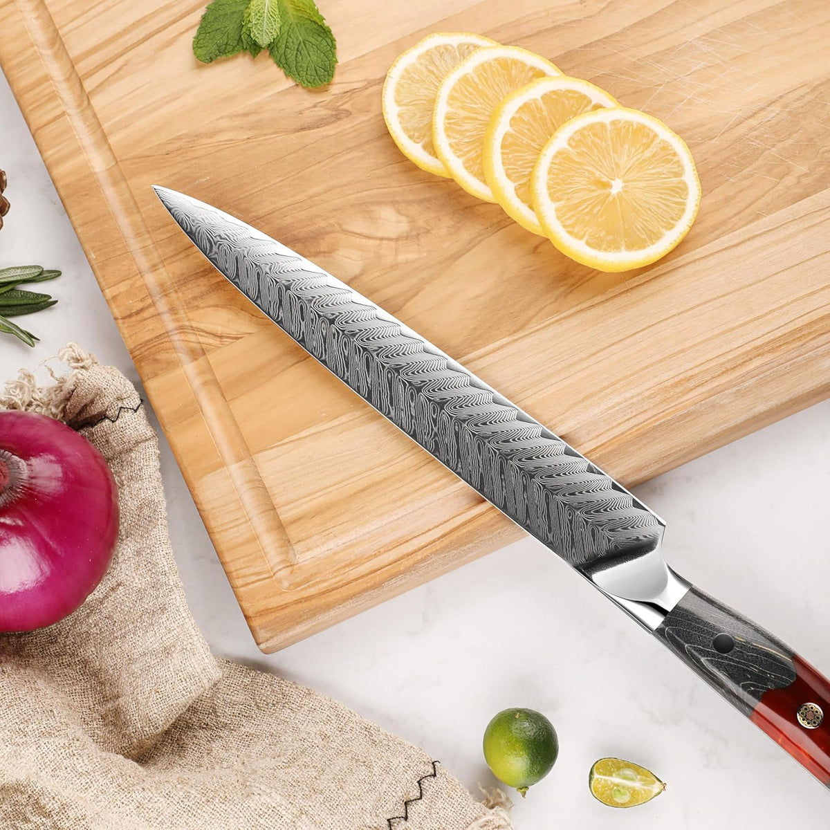 Seido Inferuno 8 Inch AUS-10 Damascus Sujihiki Slicing Knife | Razor-sharp Japanese slicing knife for sushi, brisket, roasts, and clean protein slices