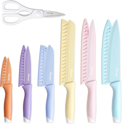 Knife Set, 13 PCS Colorful Kitchen Knives Set with 6 Blade Guards | Stainless Steel Blades, Ceramic Nonstick Coating, Rust-Resistant, Non-Slip, Dishwasher Safe, House Warming Gifts New Home