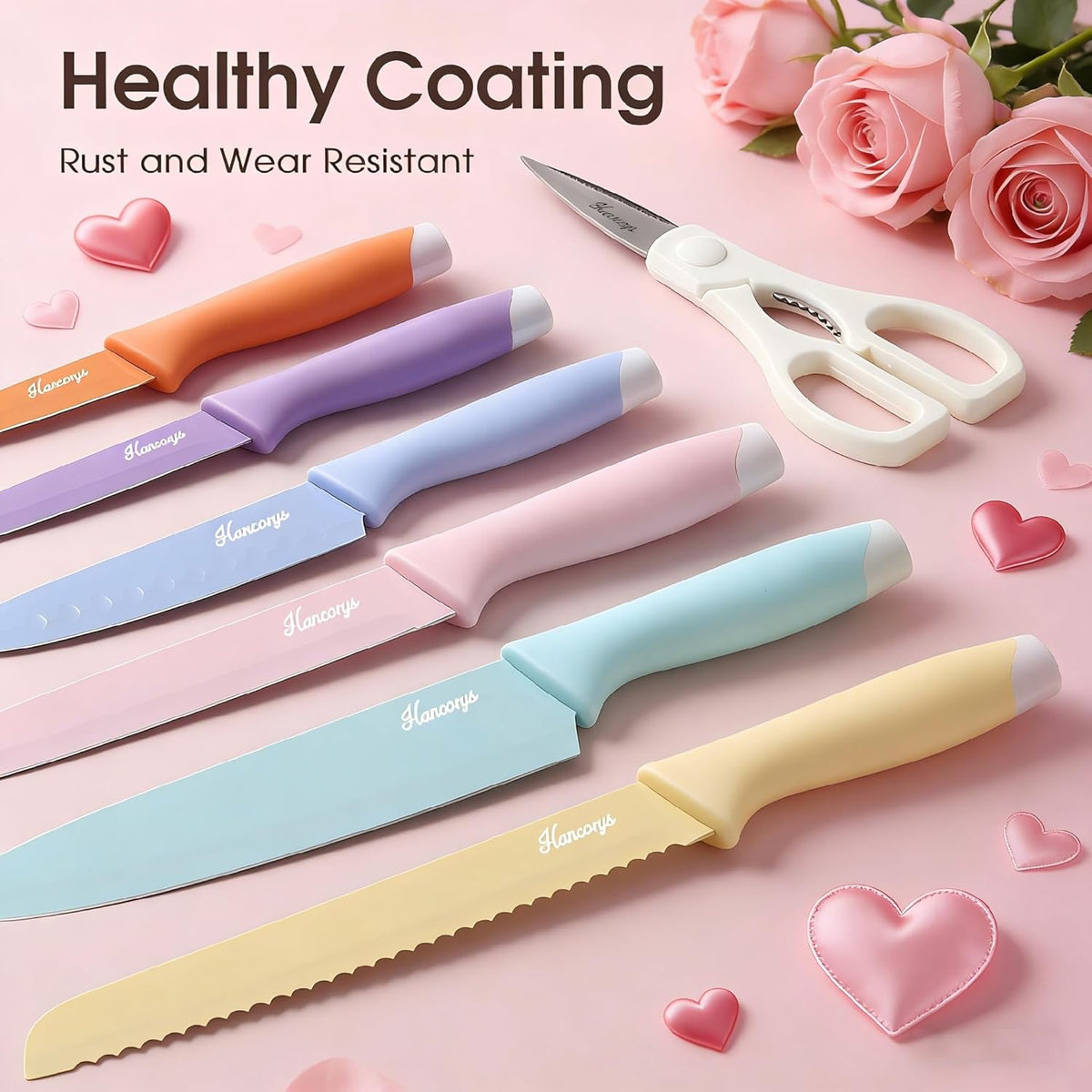 Knife Set, 13 PCS Colorful Kitchen Knives Set with 6 Blade Guards | Stainless Steel Blades, Ceramic Nonstick Coating, Rust-Resistant, Non-Slip, Dishwasher Safe, House Warming Gifts New Home