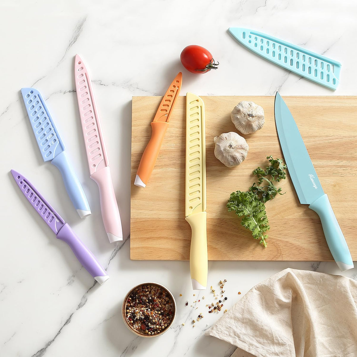 Knife Set, 13 PCS Colorful Kitchen Knives Set with 6 Blade Guards | Stainless Steel Blades, Ceramic Nonstick Coating, Rust-Resistant, Non-Slip, Dishwasher Safe, House Warming Gifts New Home