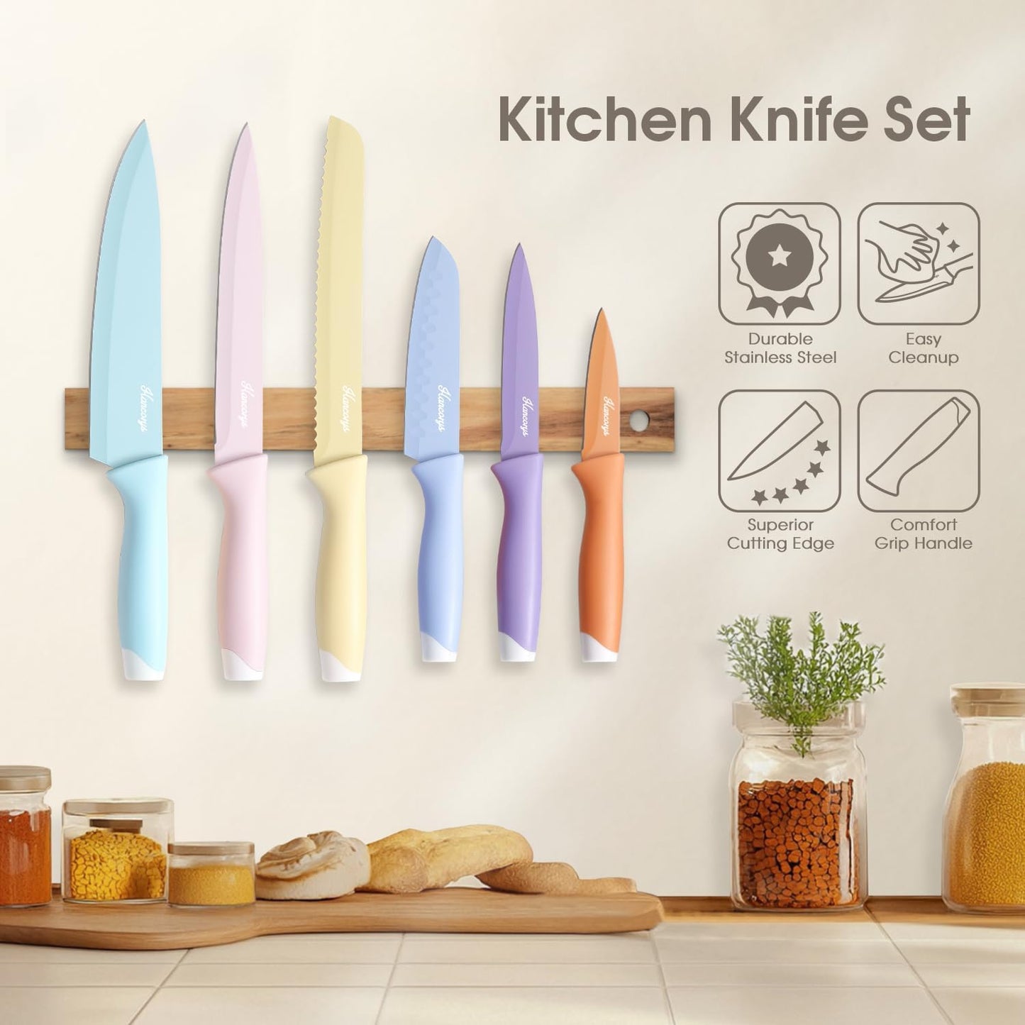 Knife Set, 13 PCS Colorful Kitchen Knives Set with 6 Blade Guards | Stainless Steel Blades, Ceramic Nonstick Coating, Rust-Resistant, Non-Slip, Dishwasher Safe, House Warming Gifts New Home