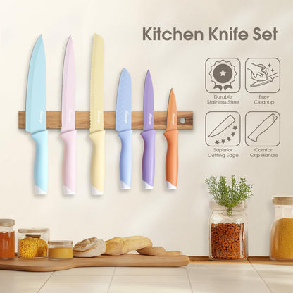 Knife Set, 13 PCS Colorful Kitchen Knives Set with 6 Blade Guards | Stainless Steel Blades, Ceramic Nonstick Coating, Rust-Resistant, Non-Slip, Dishwasher Safe, House Warming Gifts New Home
