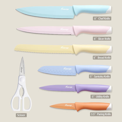 Knife Set, 13 PCS Colorful Kitchen Knives Set with 6 Blade Guards | Stainless Steel Blades, Ceramic Nonstick Coating, Rust-Resistant, Non-Slip, Dishwasher Safe, House Warming Gifts New Home