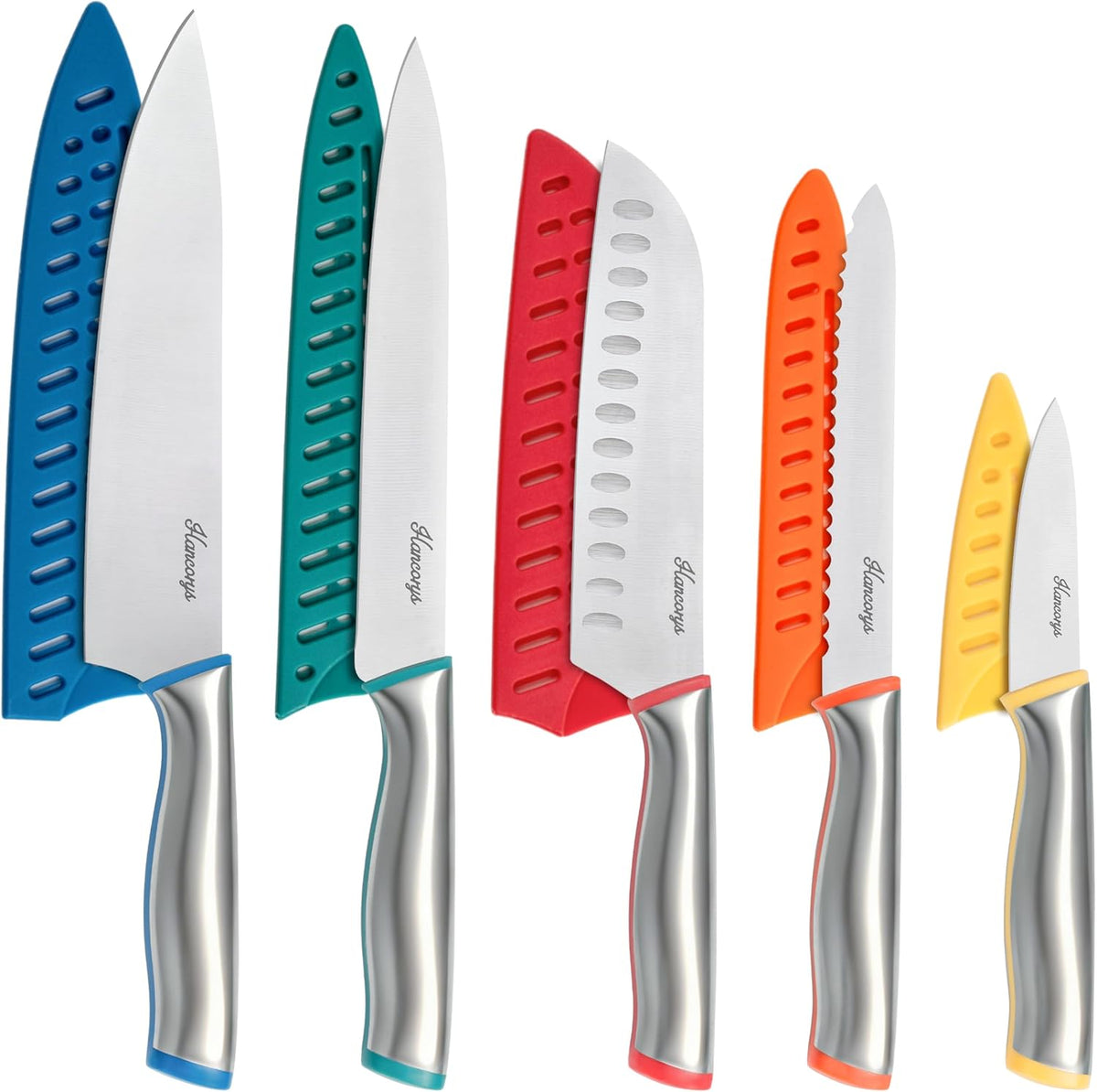 Knife Set, 13 PCS Colorful Kitchen Knives Set with 6 Blade Guards | Stainless Steel Blades, Ceramic Nonstick Coating, Rust-Resistant, Non-Slip, Dishwasher Safe, House Warming Gifts New Home