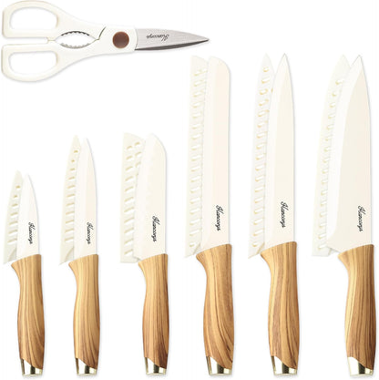 Knife Set, 13 PCS Colorful Kitchen Knives Set with 6 Blade Guards | Stainless Steel Blades, Ceramic Nonstick Coating, Rust-Resistant, Non-Slip, Dishwasher Safe, House Warming Gifts New Home