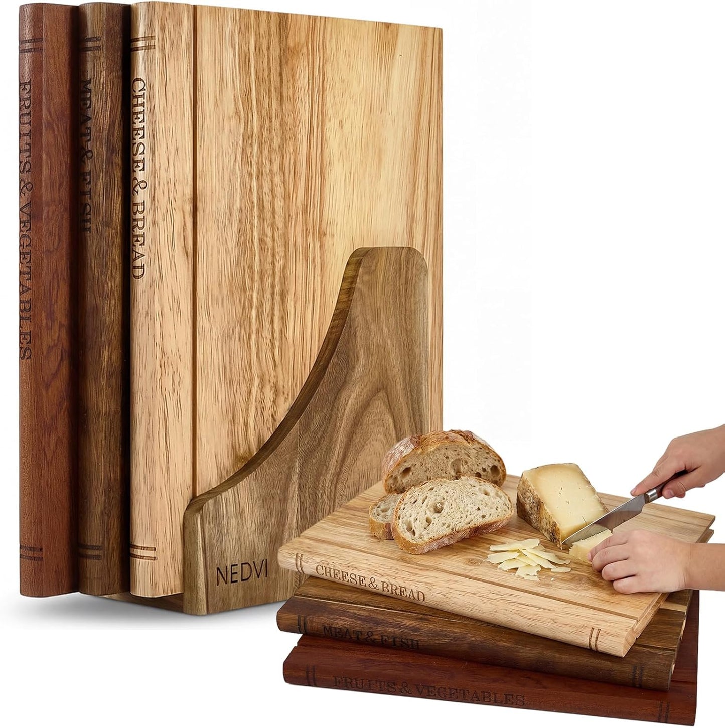 Book Cutting Board Set with Wooden Stand-Wooden Kitchen Cutting Boards That Look Like Books for Cheese Meat Vegetables, Chopping Board Gift Set for Home Cooks & Kitchen Decor