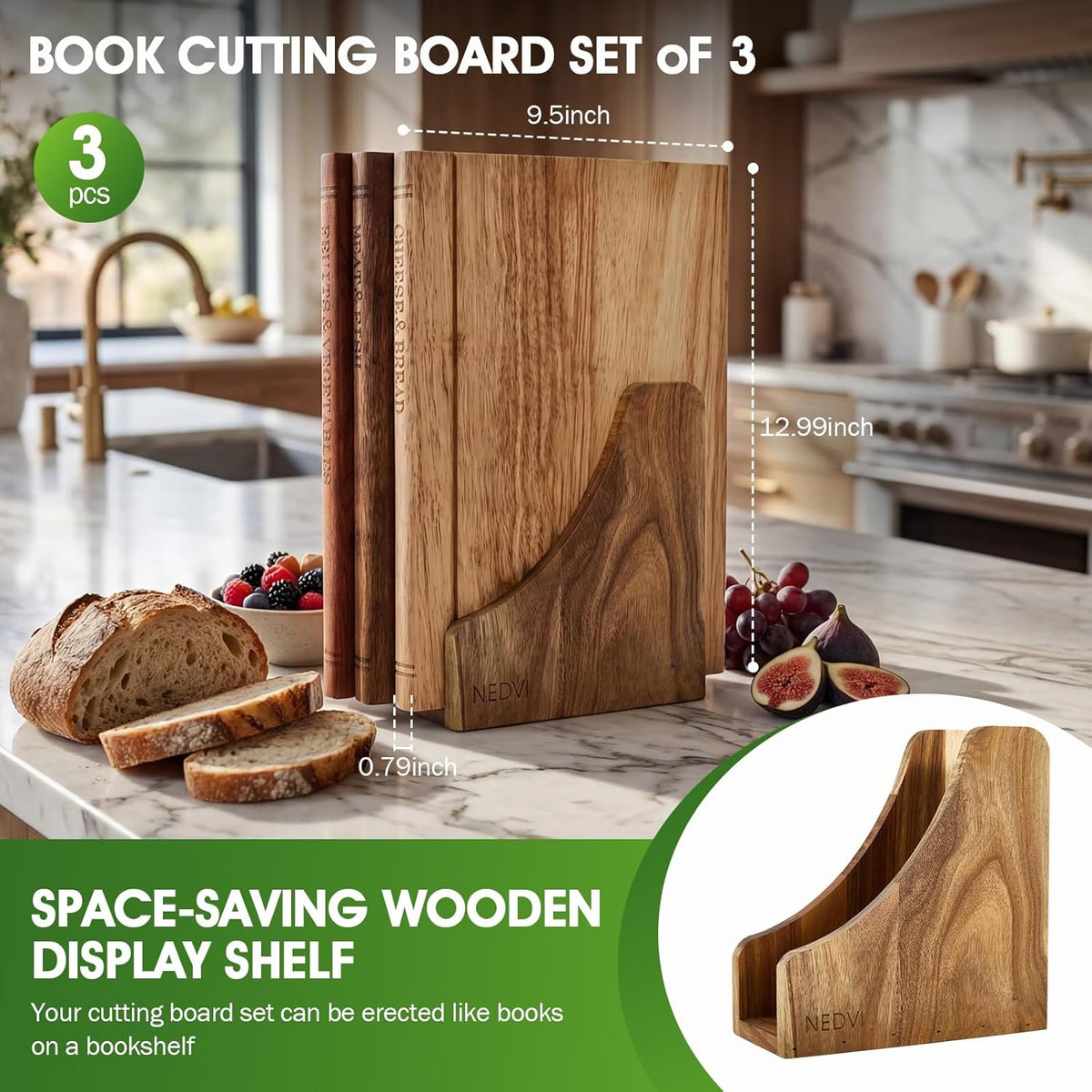 Book Cutting Board Set with Wooden Stand-Wooden Kitchen Cutting Boards That Look Like Books for Cheese Meat Vegetables, Chopping Board Gift Set for Home Cooks & Kitchen Decor