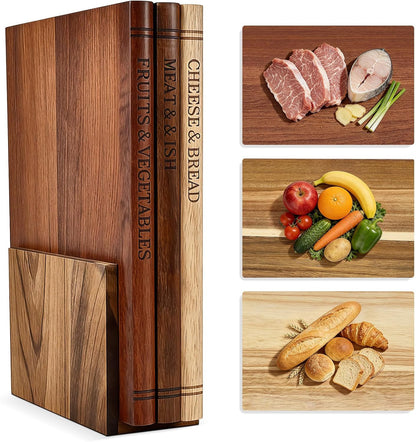 Book Cutting Board Set with Wooden Stand-Wooden Kitchen Cutting Boards That Look Like Books for Cheese Meat Vegetables, Chopping Board Gift Set for Home Cooks & Kitchen Decor