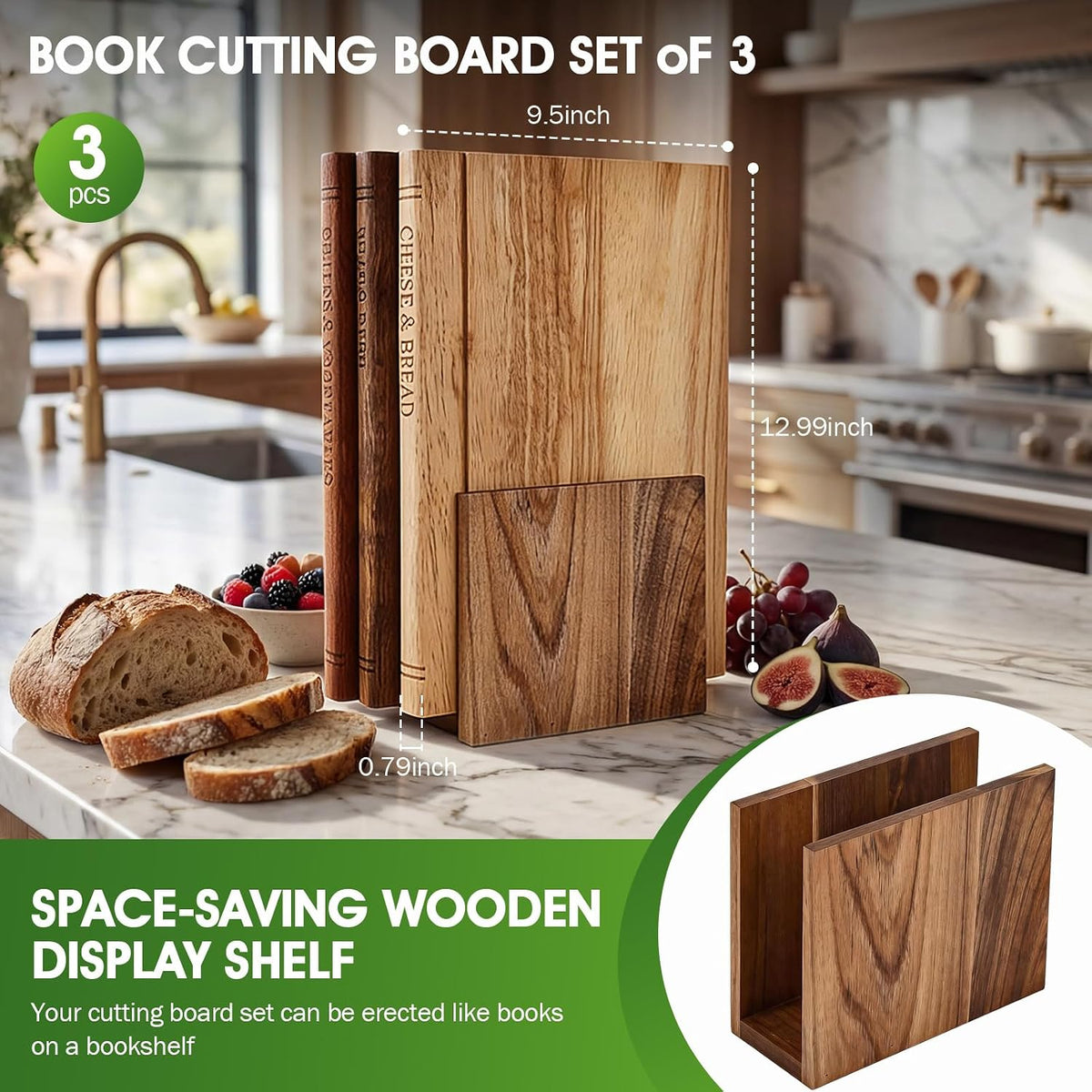 Book Cutting Board Set with Wooden Stand-Wooden Kitchen Cutting Boards That Look Like Books for Cheese Meat Vegetables, Chopping Board Gift Set for Home Cooks & Kitchen Decor