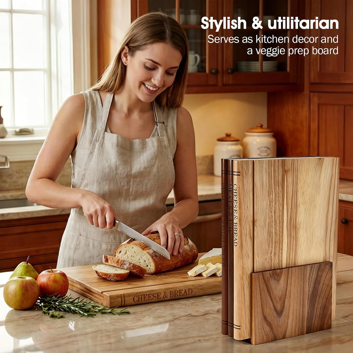 Book Cutting Board Set with Wooden Stand-Wooden Kitchen Cutting Boards That Look Like Books for Cheese Meat Vegetables, Chopping Board Gift Set for Home Cooks & Kitchen Decor