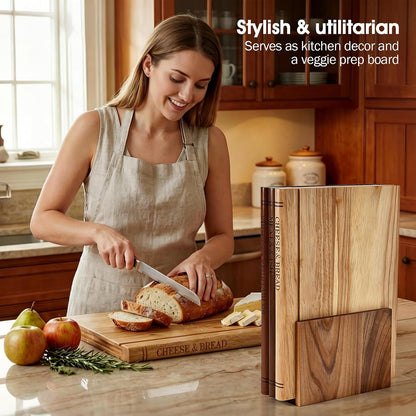 Book Cutting Board Set with Wooden Stand-Wooden Kitchen Cutting Boards That Look Like Books for Cheese Meat Vegetables, Chopping Board Gift Set for Home Cooks & Kitchen Decor