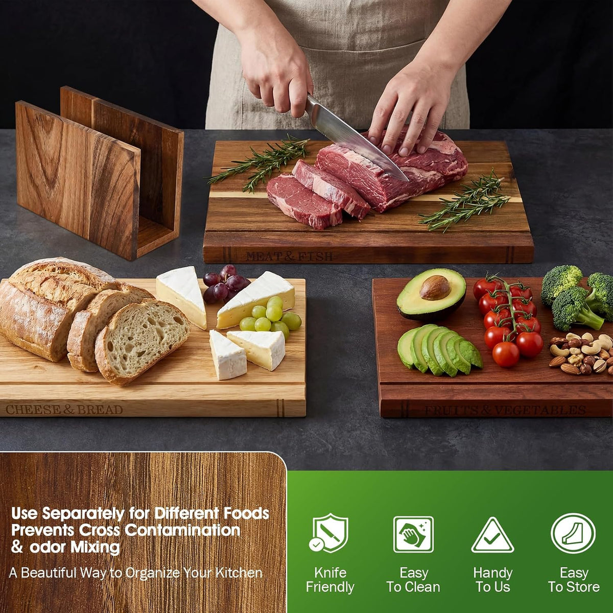 Book Cutting Board Set with Wooden Stand-Wooden Kitchen Cutting Boards That Look Like Books for Cheese Meat Vegetables, Chopping Board Gift Set for Home Cooks & Kitchen Decor