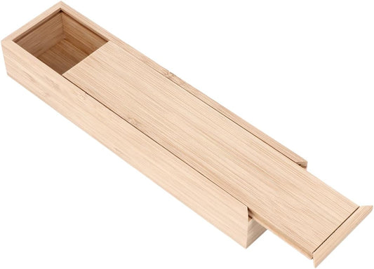 Bamboo Knife and Fork Storage Box with Sliding Lid Rectangular Flatware Organizer for Travel and Kitchen Drawer Compact 9.65X2.48X1.5 Inch Utensil Case