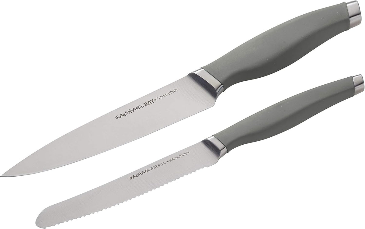 Rachael Ray Cutlery Japanese Stainless Steel Knives Set with Sheaths, 8-Inch Chef Knife, 5-Inch Santoku Knife, and 3.5-Inch Paring Knife, Gray