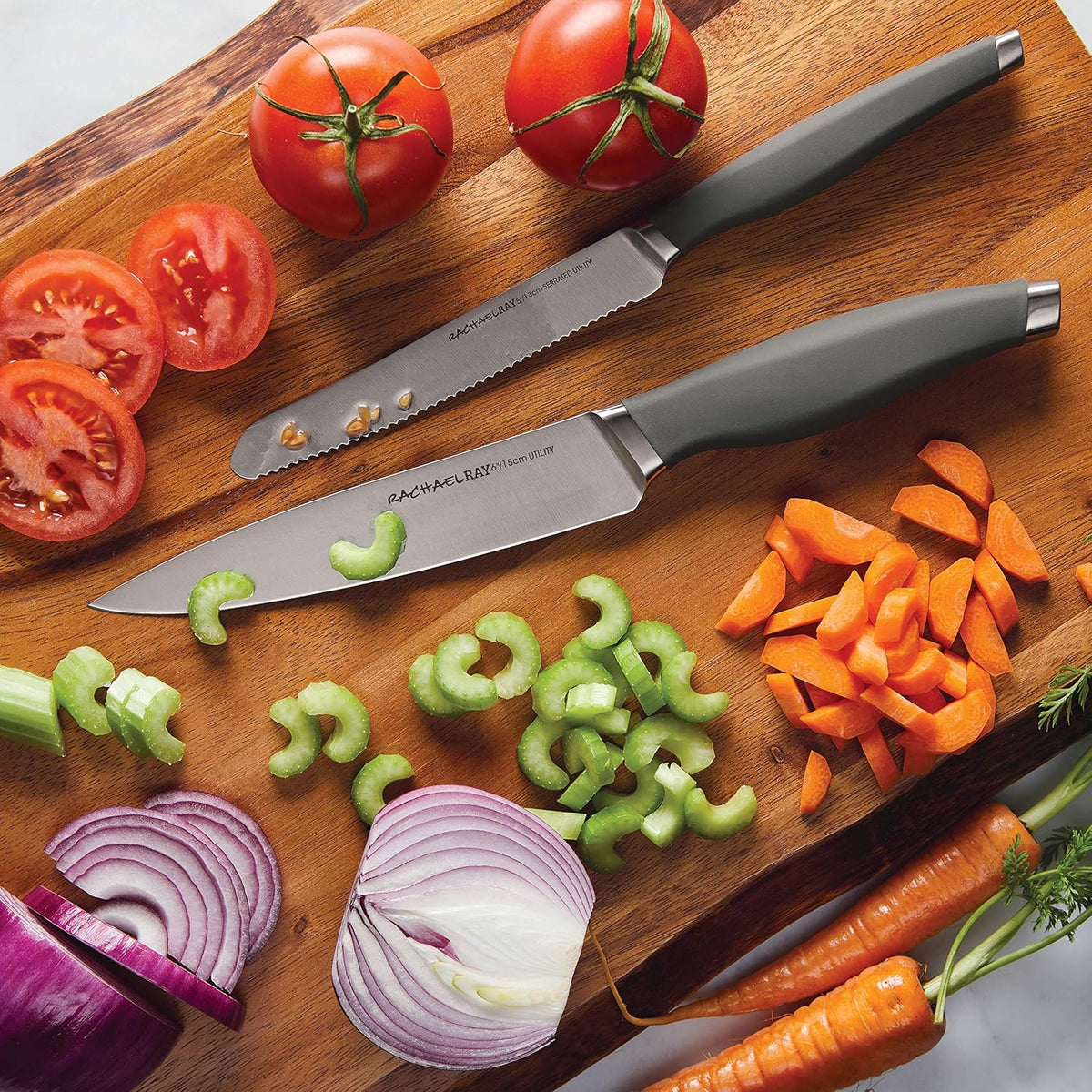 Rachael Ray Cutlery Japanese Stainless Steel Knives Set with Sheaths, 8-Inch Chef Knife, 5-Inch Santoku Knife, and 3.5-Inch Paring Knife, Gray
