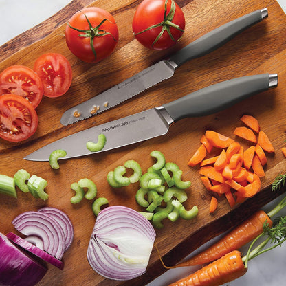 Rachael Ray Cutlery Japanese Stainless Steel Knives Set with Sheaths, 8-Inch Chef Knife, 5-Inch Santoku Knife, and 3.5-Inch Paring Knife, Gray