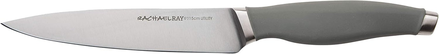 Rachael Ray Cutlery Japanese Stainless Steel Knives Set with Sheaths, 8-Inch Chef Knife, 5-Inch Santoku Knife, and 3.5-Inch Paring Knife, Gray
