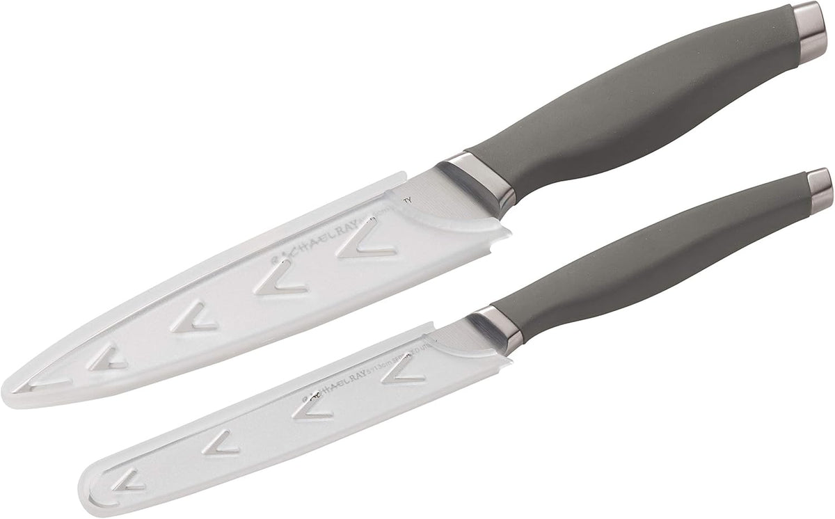 Rachael Ray Cutlery Japanese Stainless Steel Knives Set with Sheaths, 8-Inch Chef Knife, 5-Inch Santoku Knife, and 3.5-Inch Paring Knife, Gray